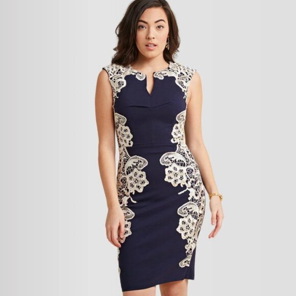 Modcloth | Navy Blue "Lakeside Libations" Bodycon dress with cream lace | Size 4 - Picture 1 of 6